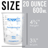 TCP Global 20 oz. (600ml) Graduated Plastic Mixing Cups - Box of 100 with 50 Mixing Sticks - Disposable Plastic Measuring Cups for Liquids, Paints, Resin, Epoxy, Art, Kitchen - Ratios 2-1, 3-1, 4-1 ML