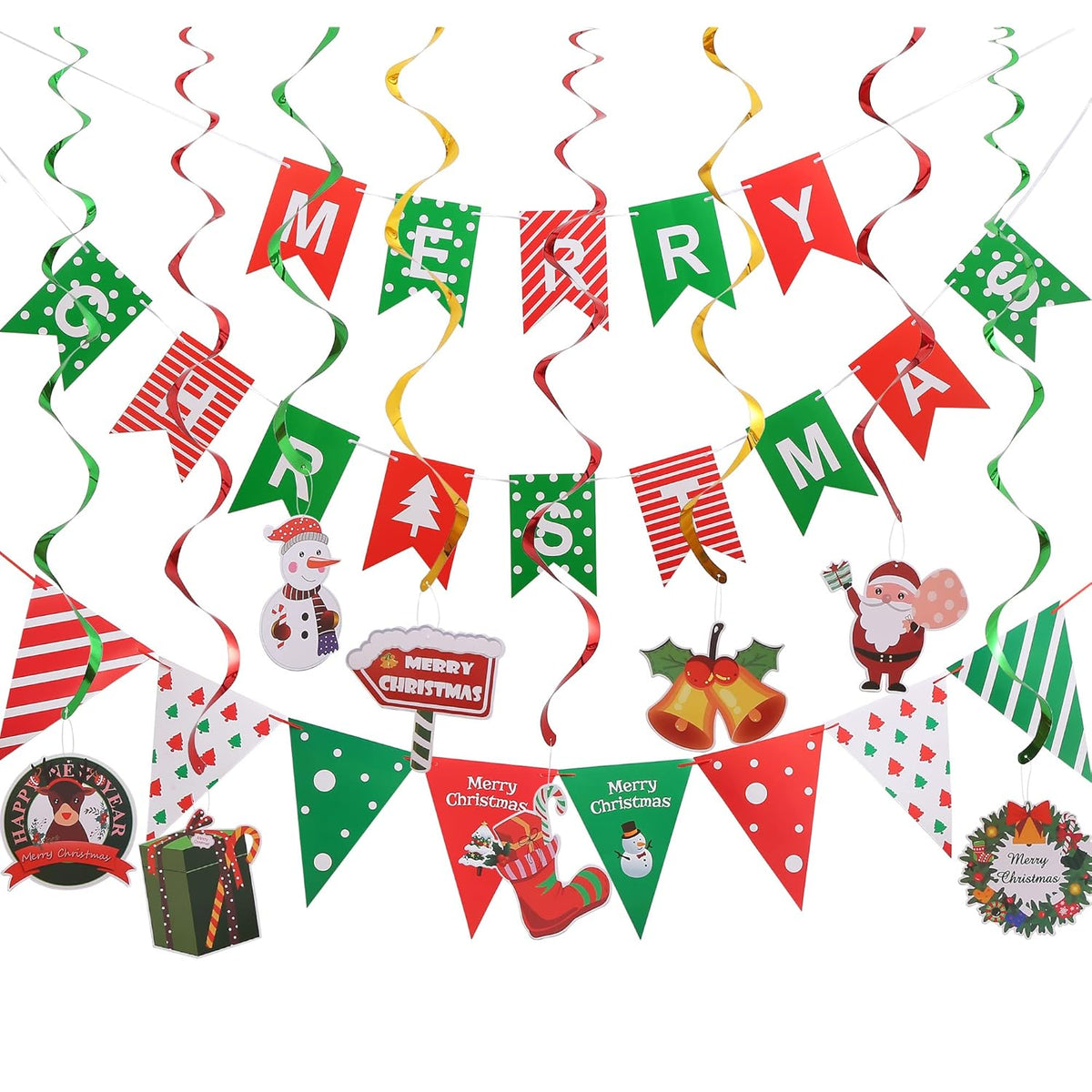 Merry Christmas Banner, Pennant Flags Garland & Hanging Swirls - Red Green, 10" X 4" - Christmas Party Decor