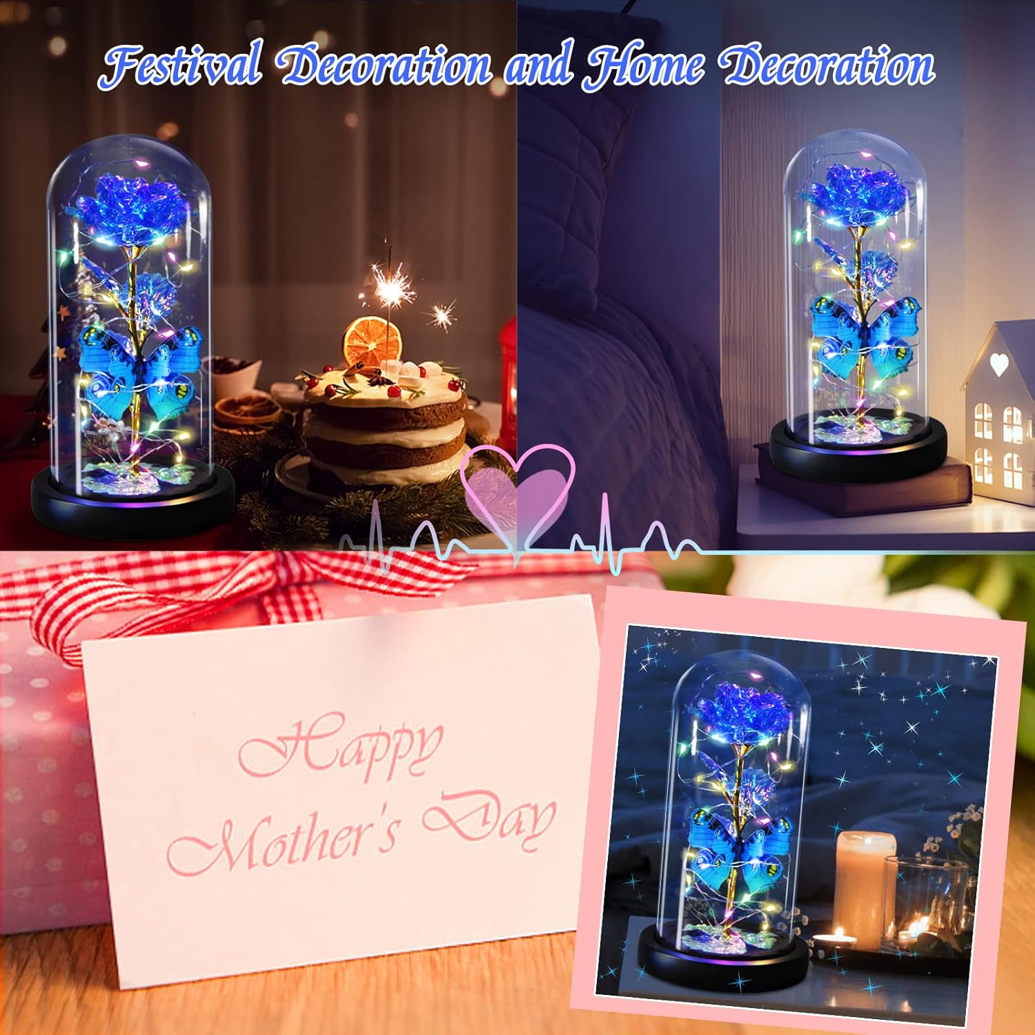 Beauty And The Beast Rose Gifts For Women, Forever Light Rose In Glass Dome, Mother'S Day Rose Flower Gifts For Mom Grandma Wife, Birthday Valentine Day Thank You Gift For Her