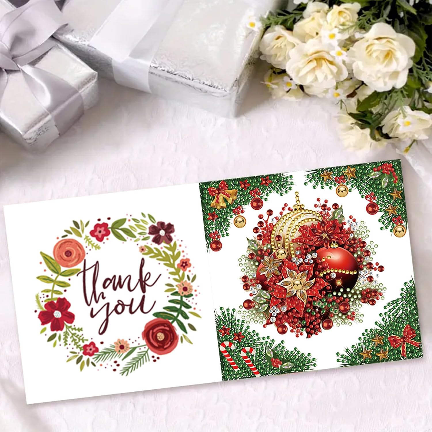 Christmas Diamond Art Painting Greeting Cards With Envelopes, 5D Diy Wreath Greeting Cards Diamond Art Kits Present-15-Poinsettia