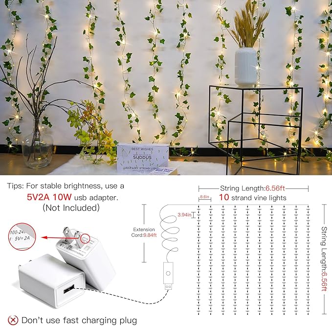 200 LED Ivy Vine Fairy Lights 6.5FT x 6.5FT Curtain Lights with Remote Warm White Artificial Leaf String Lights for Bedroom Wedding Party Wall Dorm Decor Indoor Outdoor