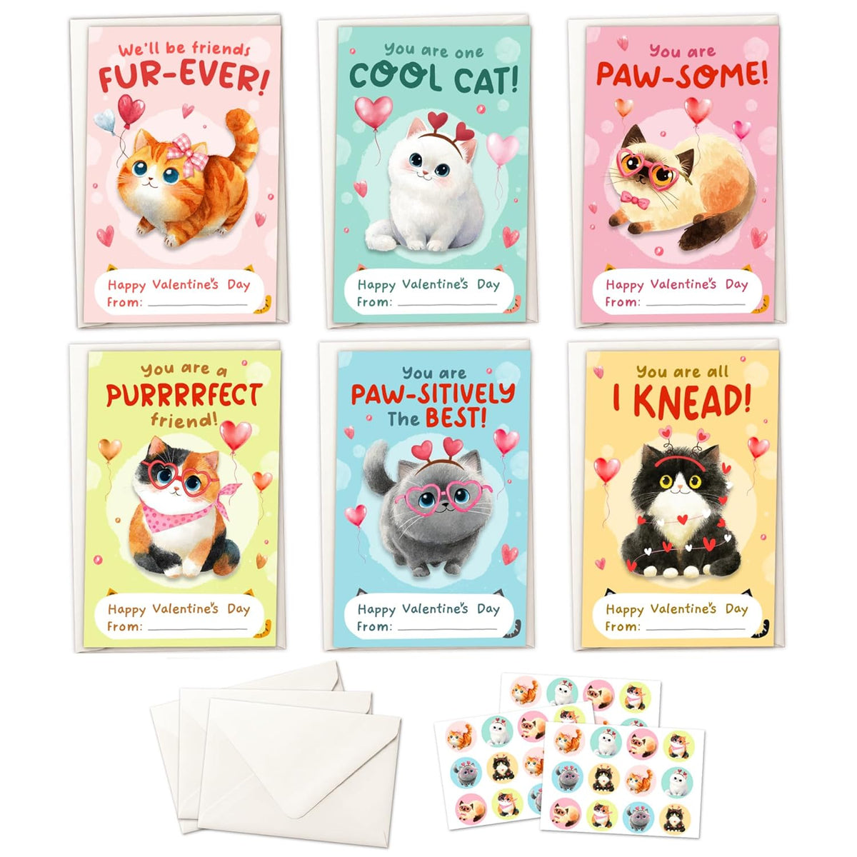 Cat Valentines Cards For Kids - Cats Valentines Day Gifts For Kids Classroom School Party Favors - Kitty Kitten 6 Designs 36 Packs Exchange, 3.2''X 4.7'' Greeting Cards With Stickers Envelopes