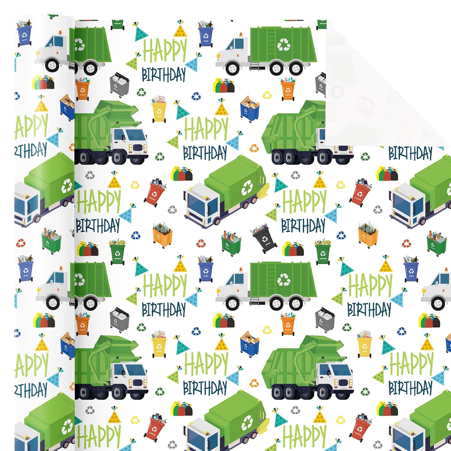 Garbage Truck Wrapping Paper - Mini Roll - 17 Inch X 16.5 Feet - Garbage Truck Happy Birthday Wrapping Paper For Kids Boys, Baby Shower, Car Lover