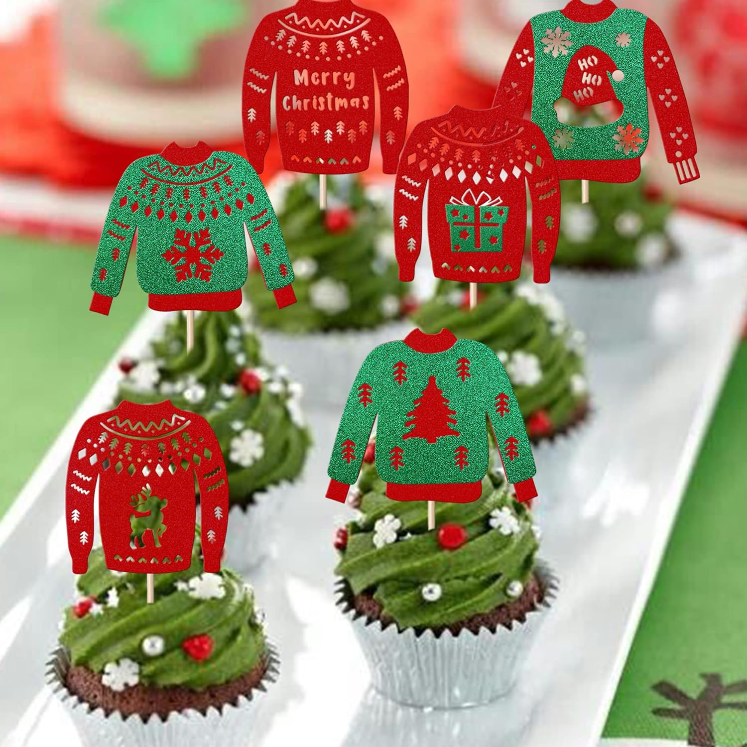 24 Pack Ugly Sweater Cupcake Toppers Christmas Tree Deer Snowflake Cupcake Picks Merry Christmas New Year Holiday Ugly Sweater Xmas Party Cake Decorations Supplies