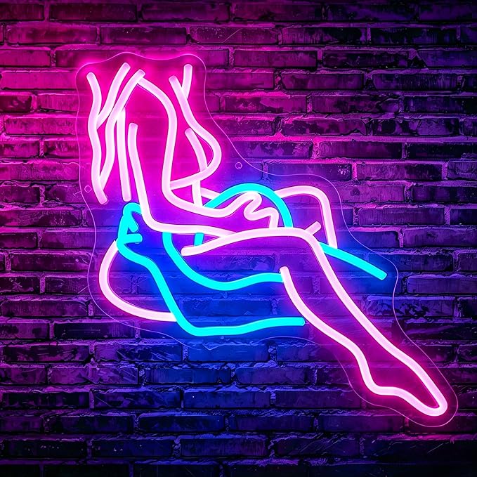 Lady Neon Sign Pink Blue LED Wall Light USB Powered for Bedroom Bar Office Room Decor