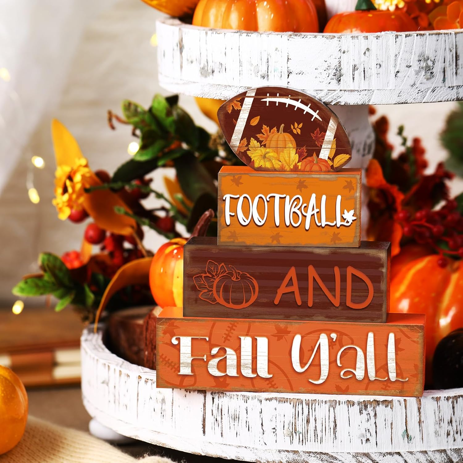 4 Pcs Fall Thanksgiving Decor For Home Football Wooden Signs With Sayings Fall Thanksgiving Tiered Tray Decor Pumpkin Football Tabletop Centerpiece Maple Leaf Block Signs For Office Kitchen Shelf