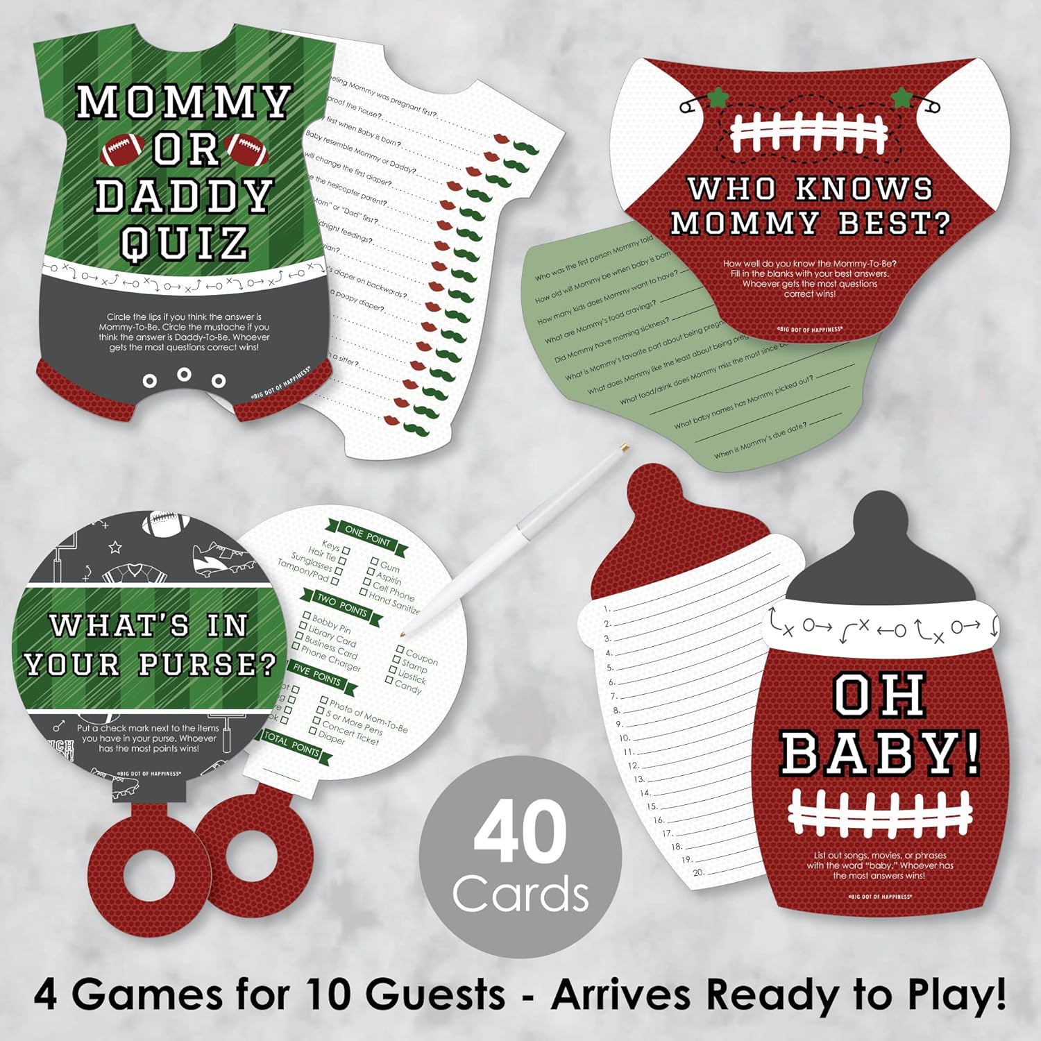 Big Dot of Happiness End Zone - Football - 4 Baby Shower Games - 10 Cards Each - Gamerific Bundle