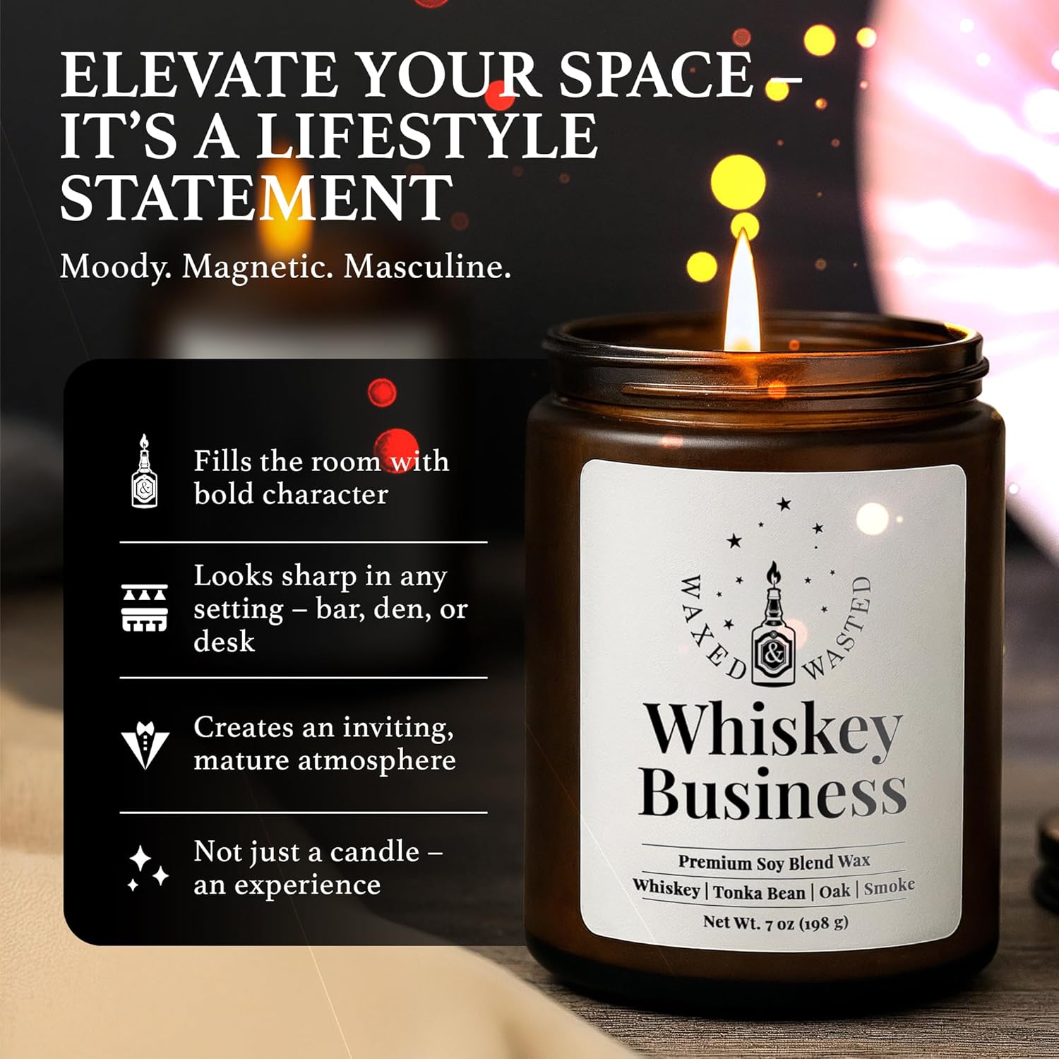 Whiskey Business Candle – 7Oz Soy Blend Jar With Whiskey, Tonka Bean, Oak & Smoke – Handmade Small Batch Gift For Home Or Bar