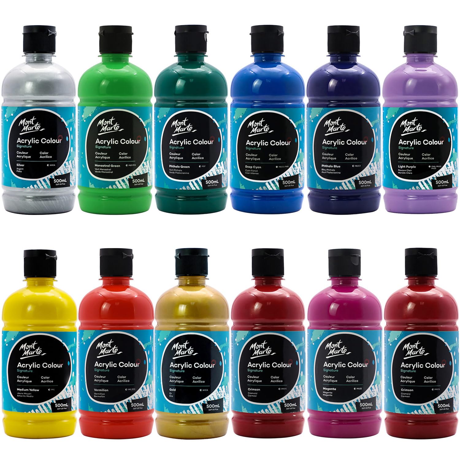 Signature Acrylic Color Paint Set, 12 X 16.9Oz (500Ml), Semi-Matte Finish, 12 Vibrant Colors, Suitable For Canvas, Wood, Fabric, Leather, Cardboard, Paper, Mdf And Crafts