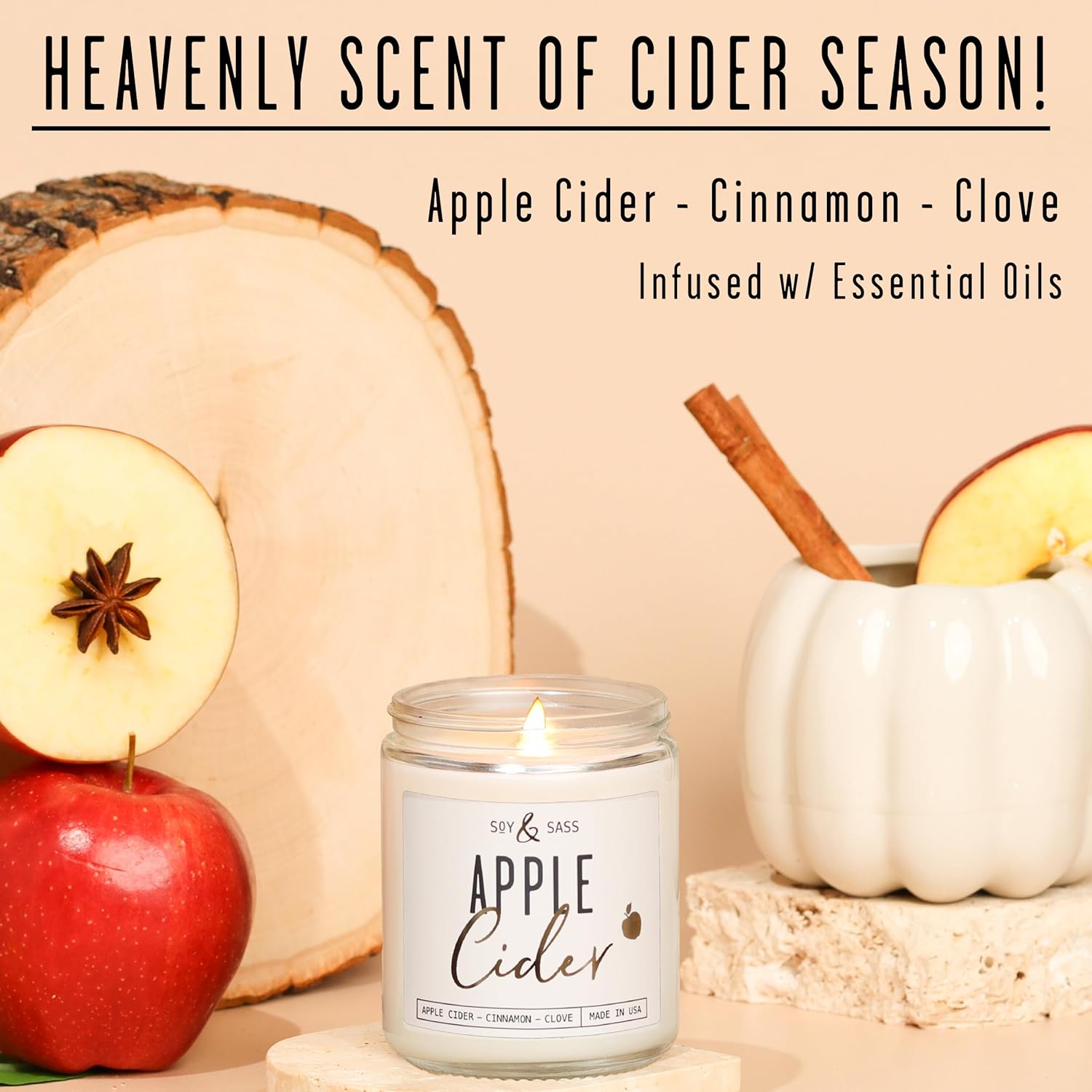 Apple Cider Candle, Fall Candles I Apple Cider, Cinnamon & Nutmeg - Infused With Essential Oils I Mulled Cider Fall Scented Candle (Soy) For Home I 9Oz Reusable Jar I 50Hr Burn I Made In Usa