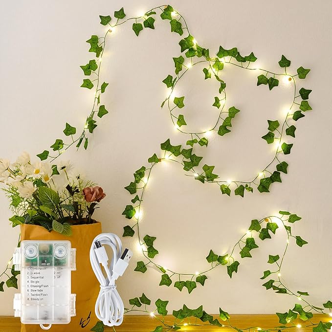 23FT Fake Ivy Vines with Lights 73 LED Artificial Greenery Garland Warm White Fairy Lights USB/Battery Operated for Bedroom Wall Balcony Wedding Decor