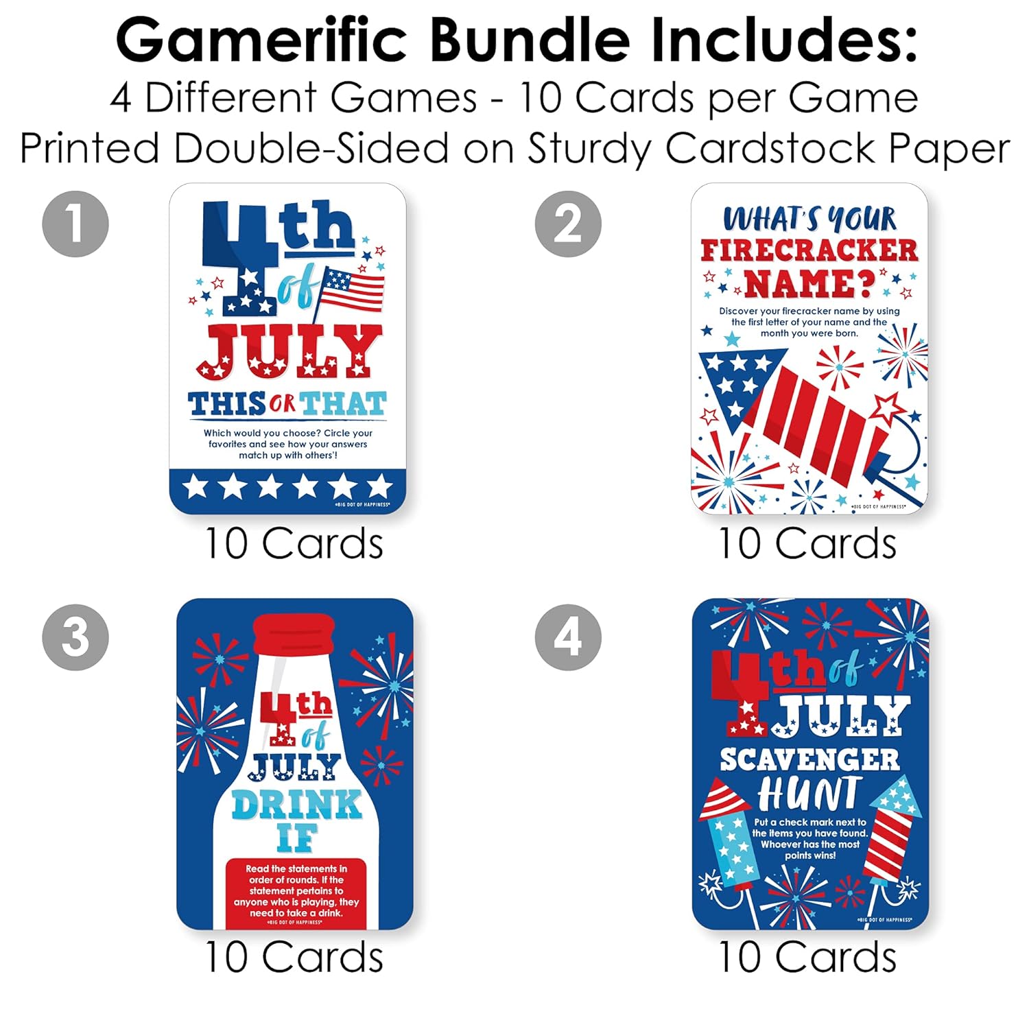 Big Dot of Happiness Firecracker 4th of July - 4 Red, White and Royal Blue Party Games - 10 Cards Each - Gamerific Bundle