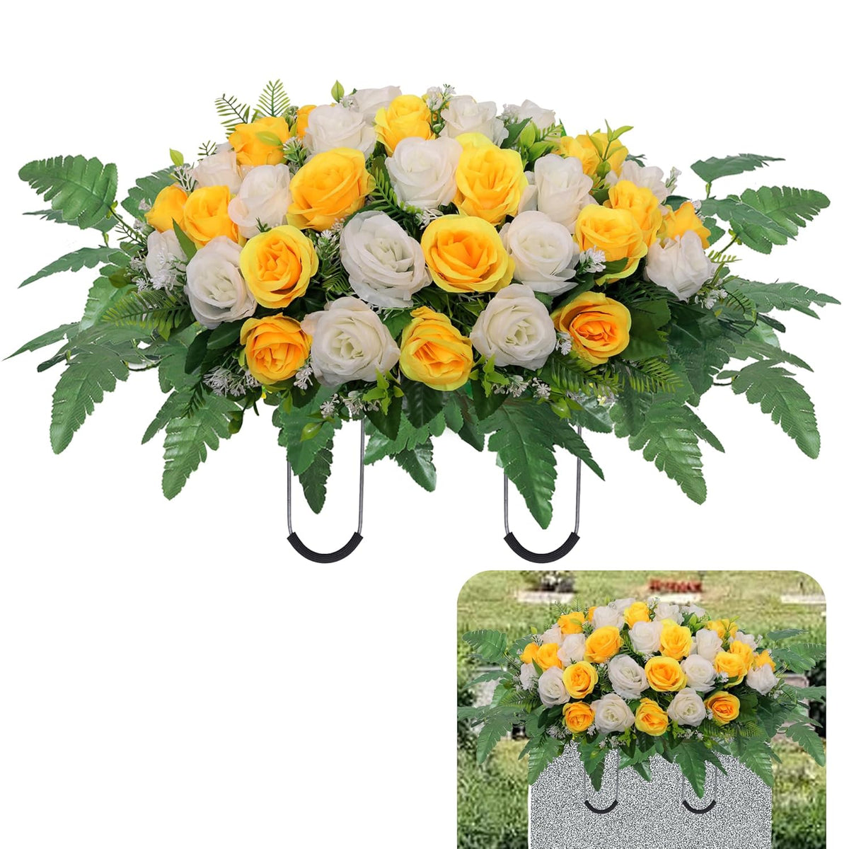 Cemetery Headstone Flower Saddle,Artificial Cemetery Flower Saddles For Graves,Artificial Rose Cemetery Memorial Flowers For Outdoor Tombstone Headstone Decorations (Yellow)