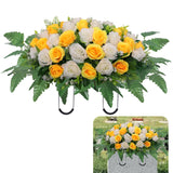Cemetery Headstone Flower Saddle,Artificial Cemetery Flower Saddles For Graves,Artificial Rose Cemetery Memorial Flowers For Outdoor Tombstone Headstone Decorations (Yellow)