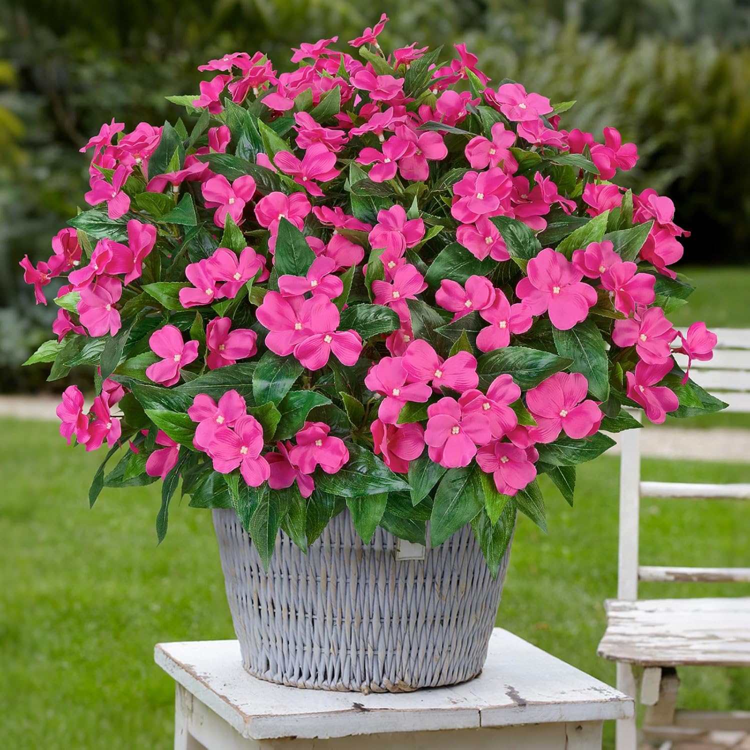 5 Pcs Artificial Flowers For Outdoors Silk Impatiens Flowers Bouquet Decorations Fake Faux Plants Uv Resistant For Spring Summer Garden Porch Patio Window Box Balcony Planters Home, Fuchsia