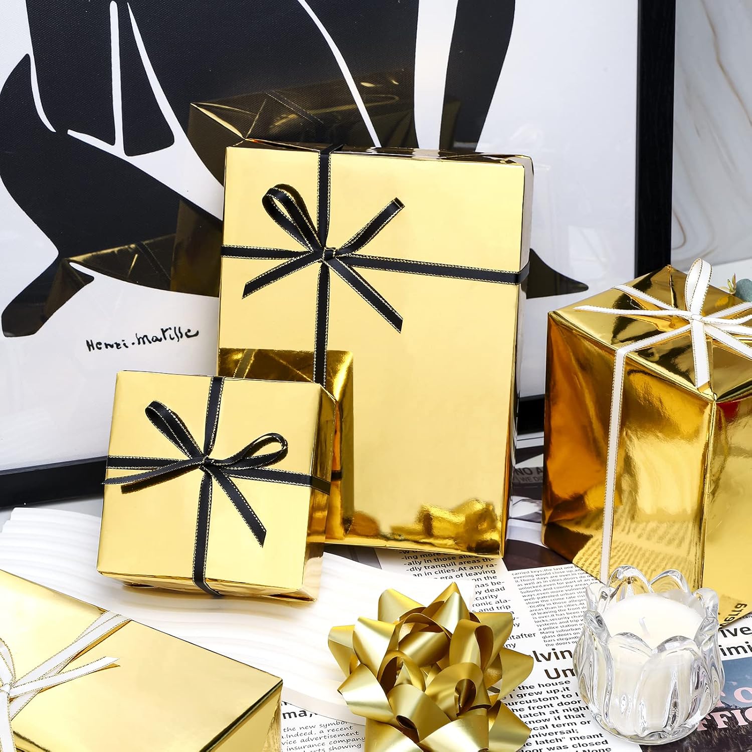Gold Metallic Wrapping Paper - Solid Color Paper Perfect For Wedding, Birthday, Christmas, Baby Shower - 17.5 Inches X 32.8 Feet