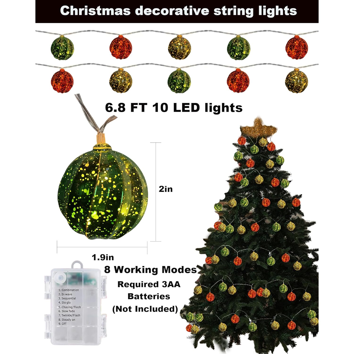 Battery Powered Christmas Lights 6.8Ft 10 Led Red Gold Green Globe String Lights With Timer, Color Christmas Tree Decora