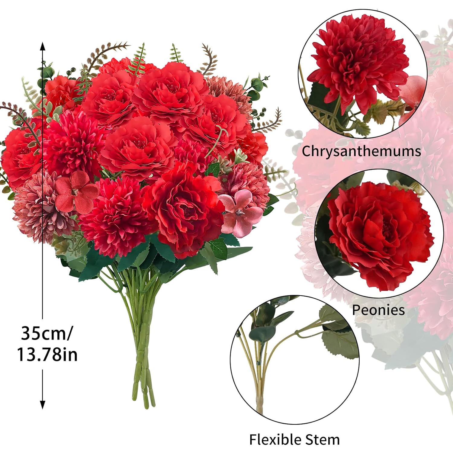 Set Of 4 Bouquets Peonies Artificial Flowers Red Silk Flower Arrangements Cemetery Flowers For Grave With Chrysanthemums 13.8 Inch Bouquet For Home Table Decor Diy Arrangement Grave