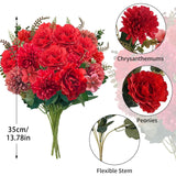 Set Of 4 Bouquets Peonies Artificial Flowers Red Silk Flower Arrangements Cemetery Flowers For Grave With Chrysanthemums 13.8 Inch Bouquet For Home Table Decor Diy Arrangement Grave