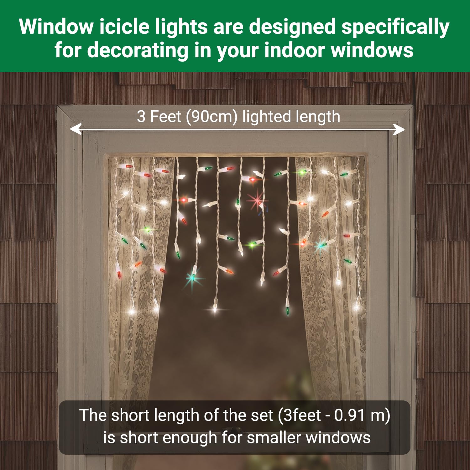 Shimmering Twinkle Window Icicle Lights - 3 Feet (0.91 M), 8 Of 50 Lights Twinkle - 50 Red-Green-Clear Incandescent Bulb