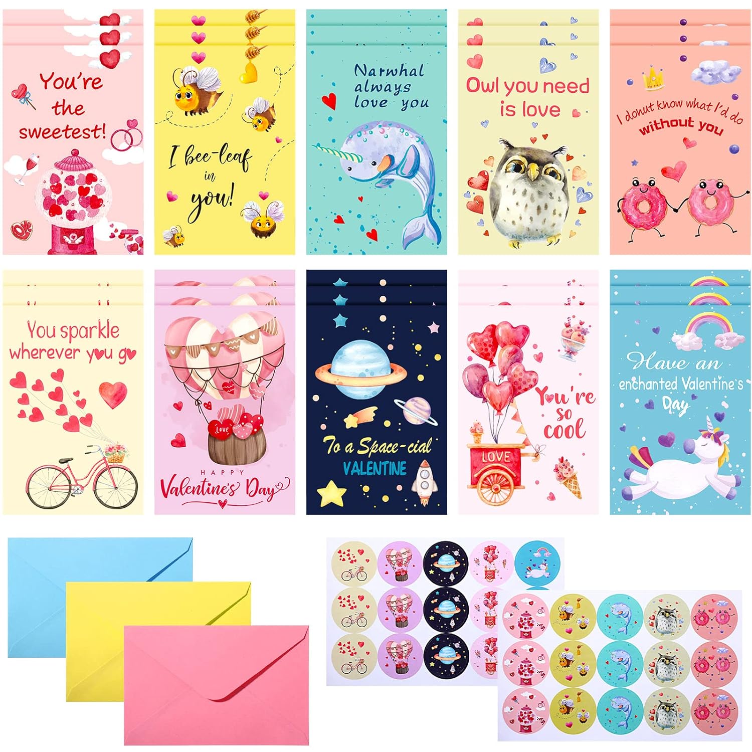 30 Set Valentines Day Cards Bulk With Stickers And Envelopes Valentine'S Day Greeting Cards For Valentine'S Gifts Exchange Prize(Cute Style)