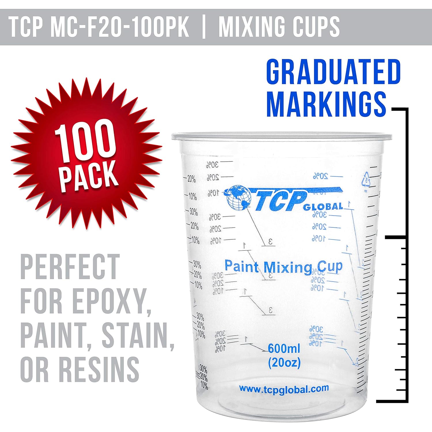 TCP Global 20 oz. (600ml) Graduated Plastic Mixing Cups - Box of 100 with 50 Mixing Sticks - Disposable Plastic Measuring Cups for Liquids, Paints, Resin, Epoxy, Art, Kitchen - Ratios 2-1, 3-1, 4-1 ML