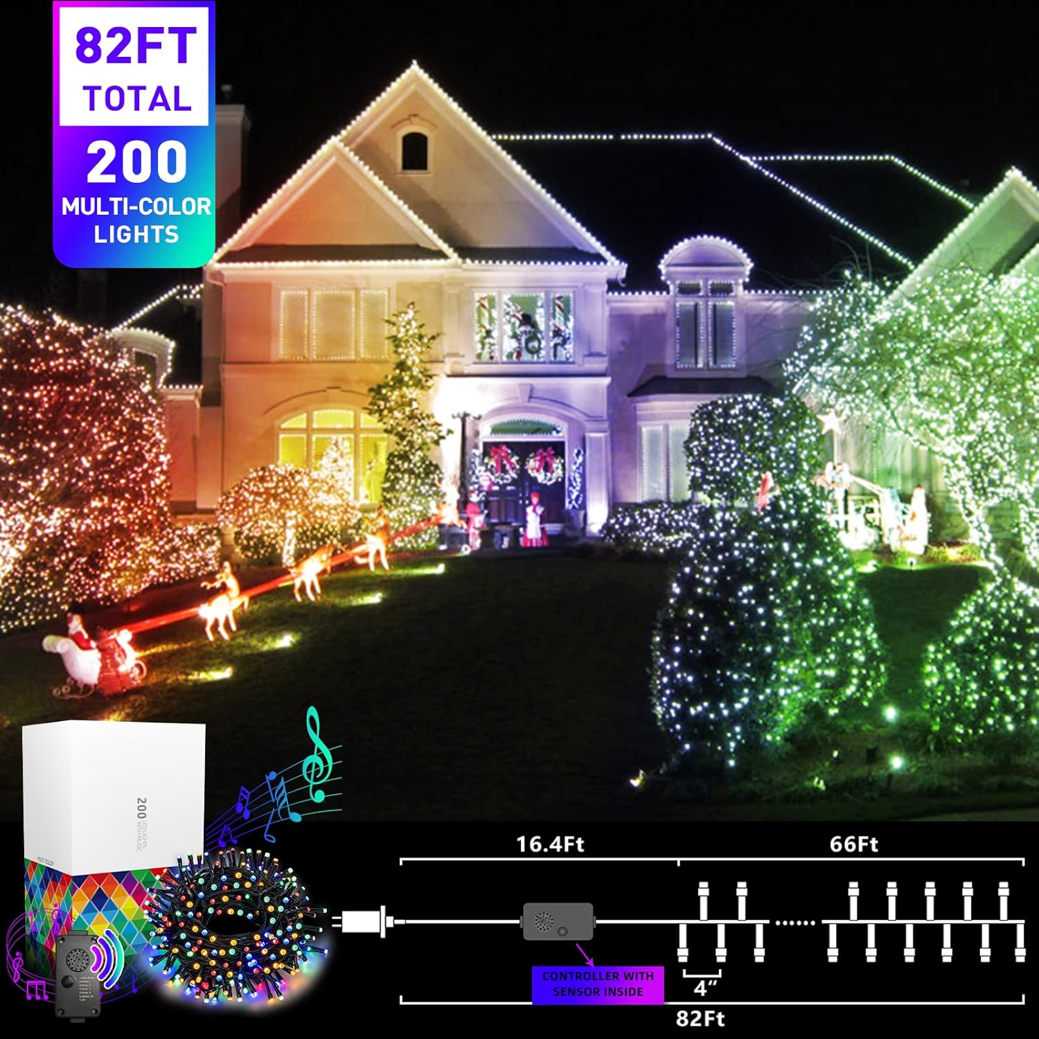 Christmas Lights Outdoor 82Ft 200Lt Christmas Lights With Cheerful Music Infrared Motion Sensor Controller For Indoor Ou