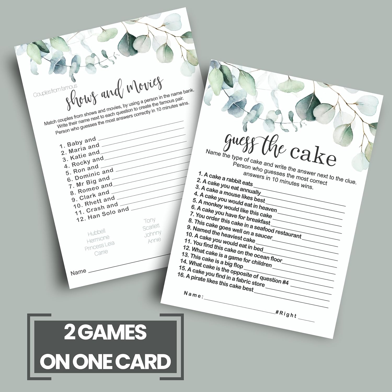 Greenery Bridal Shower Games - 25 Each Of Guess The Cake, Word Scramble, Famous Pairs & Wedding Name Game - Fun Activities For Engagement Parties & Rehearsal Dinners - Double-Sided Cards Bundle