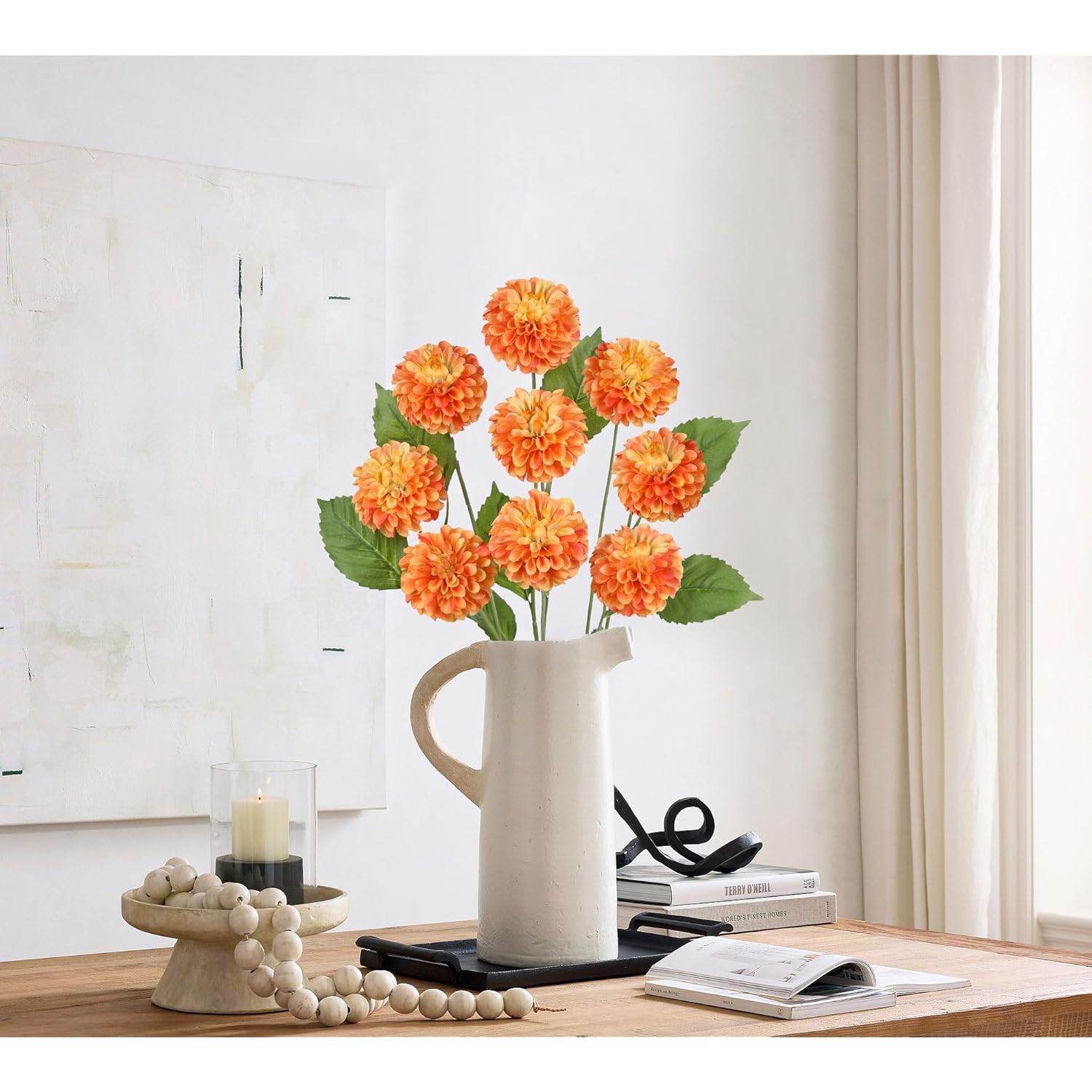 27.6" Orange Artificial Dahlia Flowers 3Pcs Fake Roses Bouquet Ball Dahlia Flower Arrangement Faux Pincushion Flower With 3 Heads Long Stem For Centerpiece Home Decor