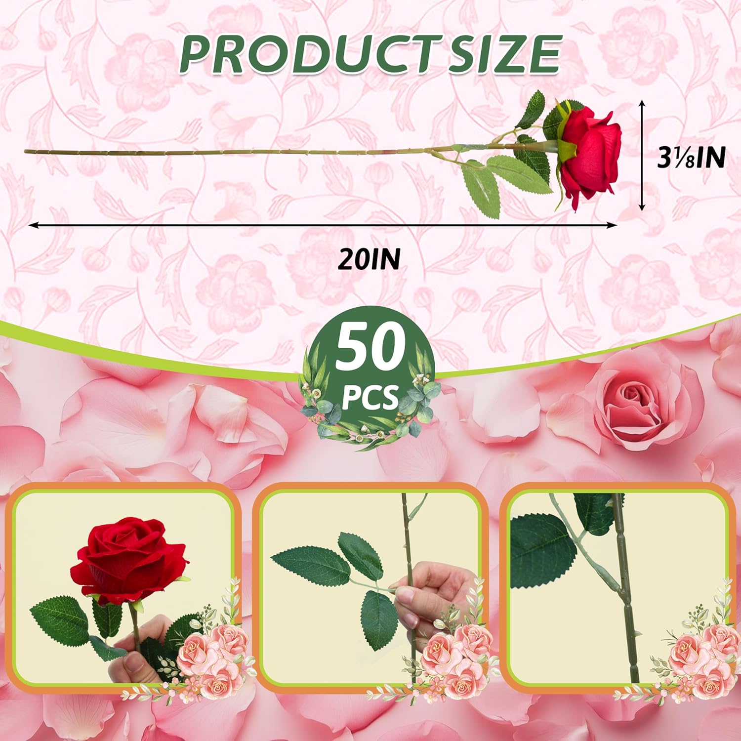 50 Pcs Fake Red Roses, Artificial Red Flowers Bulk Realistic Silk Faux Rose With Stems For Wedding Decoration Anniversary Bridal Bouquet Diy Floral Arrangement Romantic Home Decor Gifts