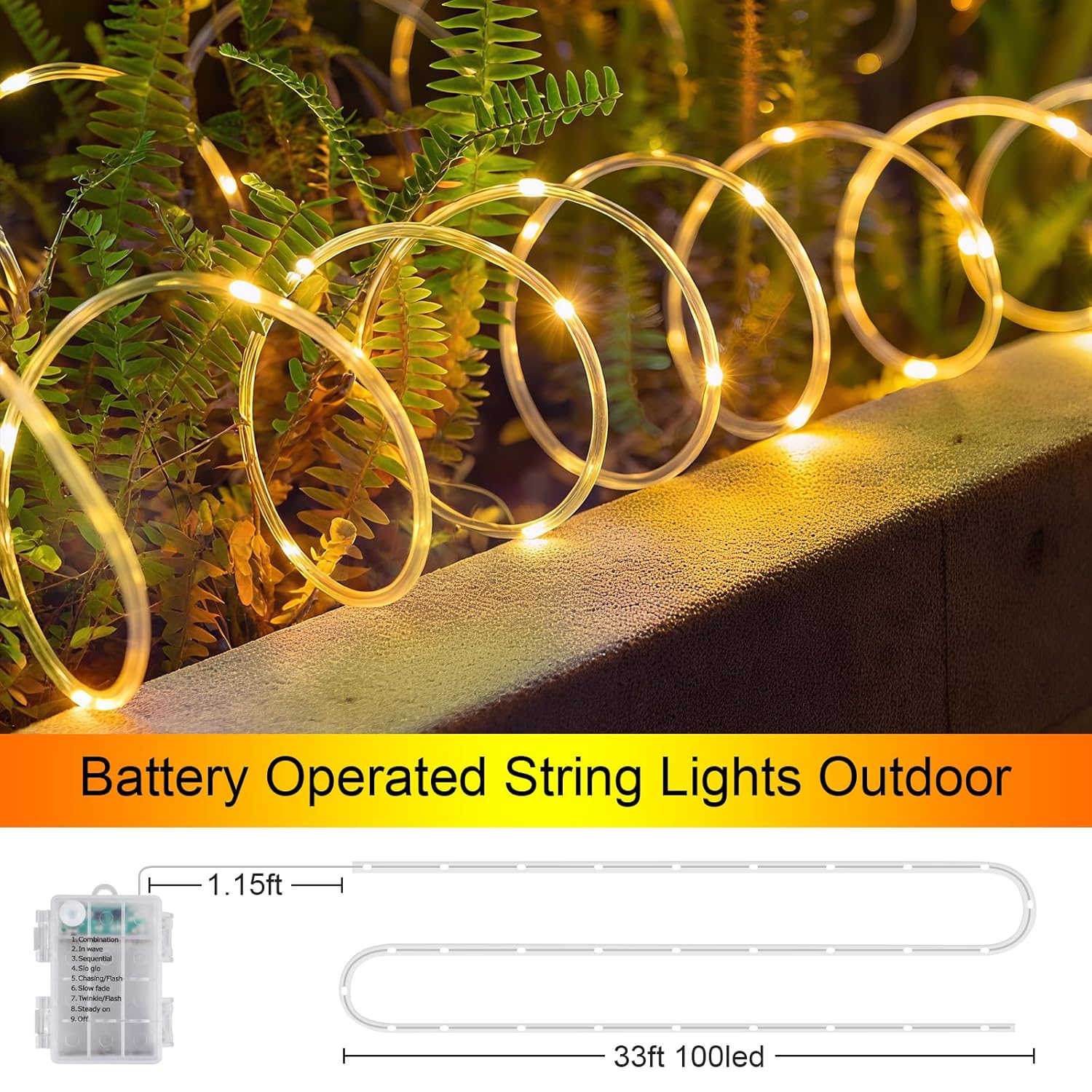 1 Pack Battery Powered String Lights Waterproof With Remote 33Ft 100Led Timer 8 Modes Battery Operated Outdoor Lights For Christmas Decor Trampoline Camping Tents, Warm White