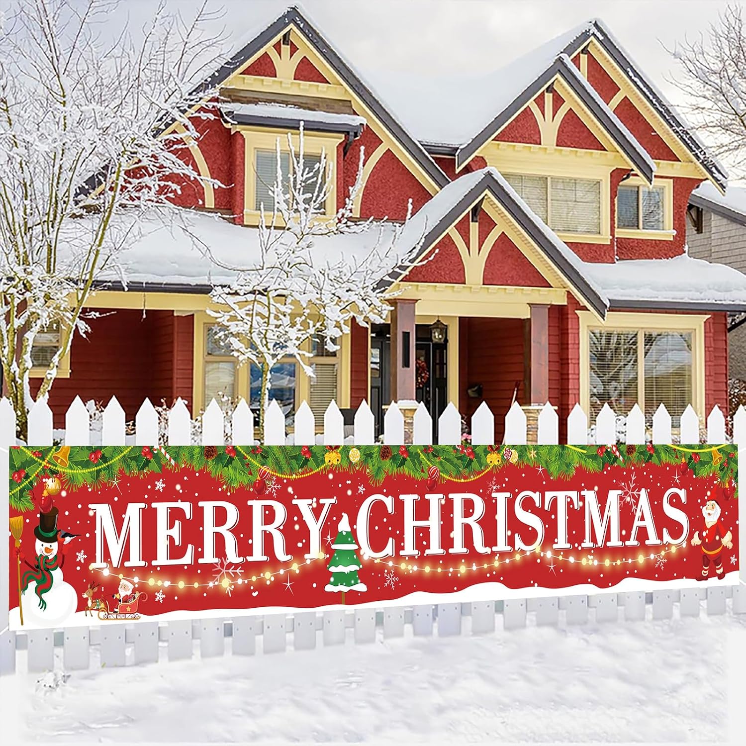 Large Red Merry Christmas Banner With Santa Claus, Snowman Background - 118X20Inch For Indoor/Outdoor Hanging Decor