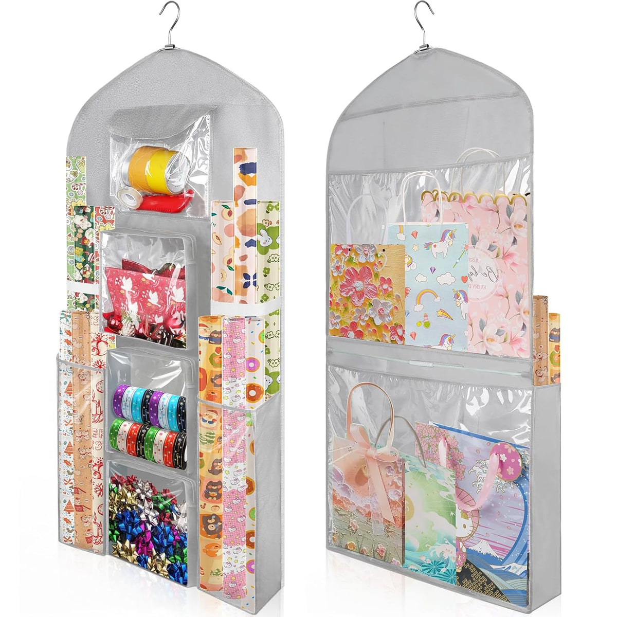 Hanging Gift Wrapping Paper Storage, 48X24 (Extra Large) Grey Double-Sided Christmas Wrapper Bag Container, Oxford Long Craft Roll Organizer, Present Wrap Holder For Closet, Door