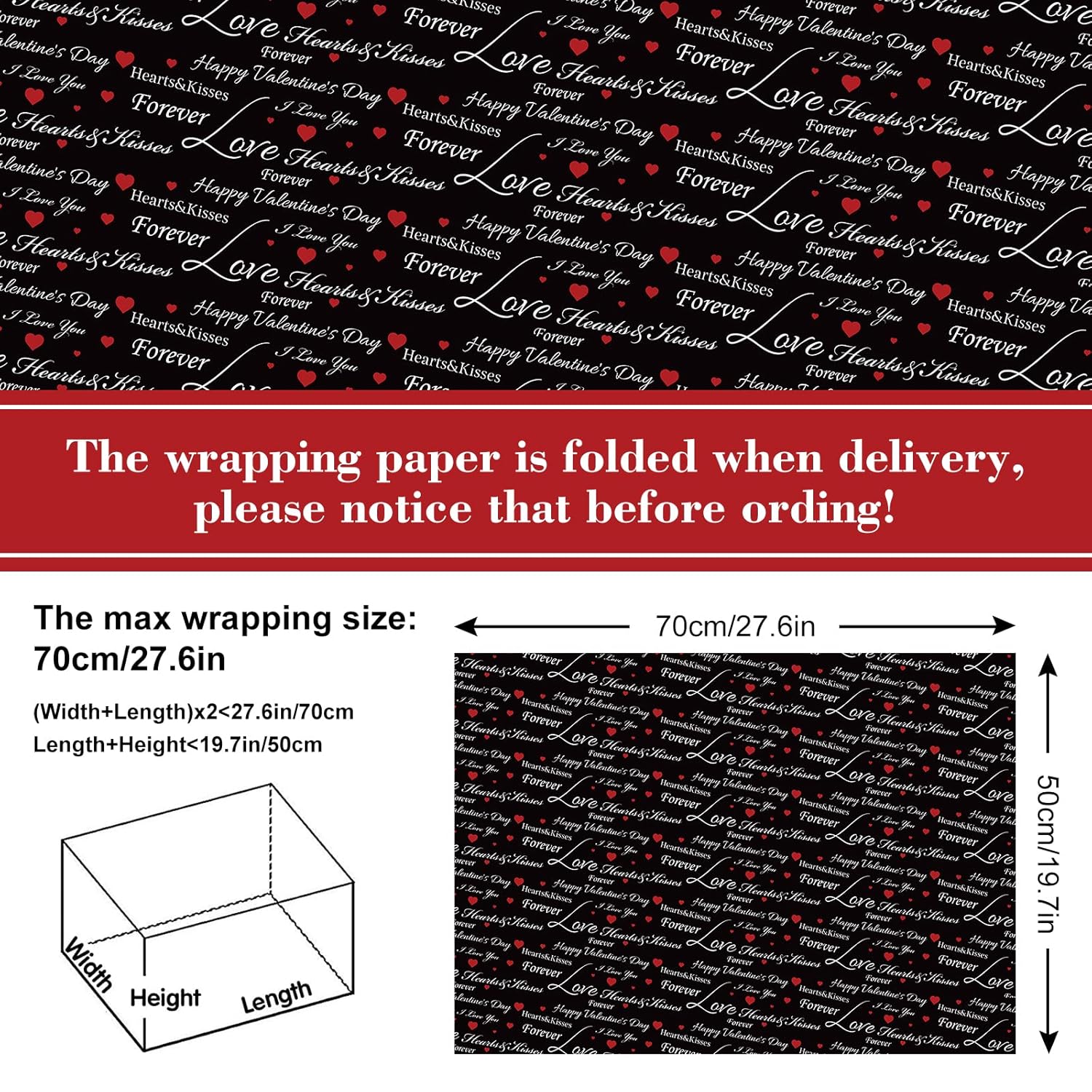 12 Sheet Valentine'S Day Wrapping Paper Red White Black Hearts Wrapping Paper Sweet Love Art Paper For Wedding Anniversary Baby Shower Birthday Gift Packing, 19.7 X 27.6 Inch, Folded Flat