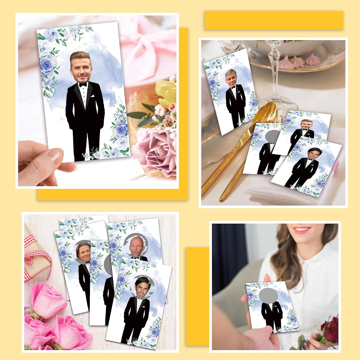 Blue Floral Bridal Shower Games, Who Has The Groom Scratch Off Celebrity Cards Tickets For 41 Guests, Funny Engagement Party, Bride-To-Be Celebration Scratch Off Cards-A04
