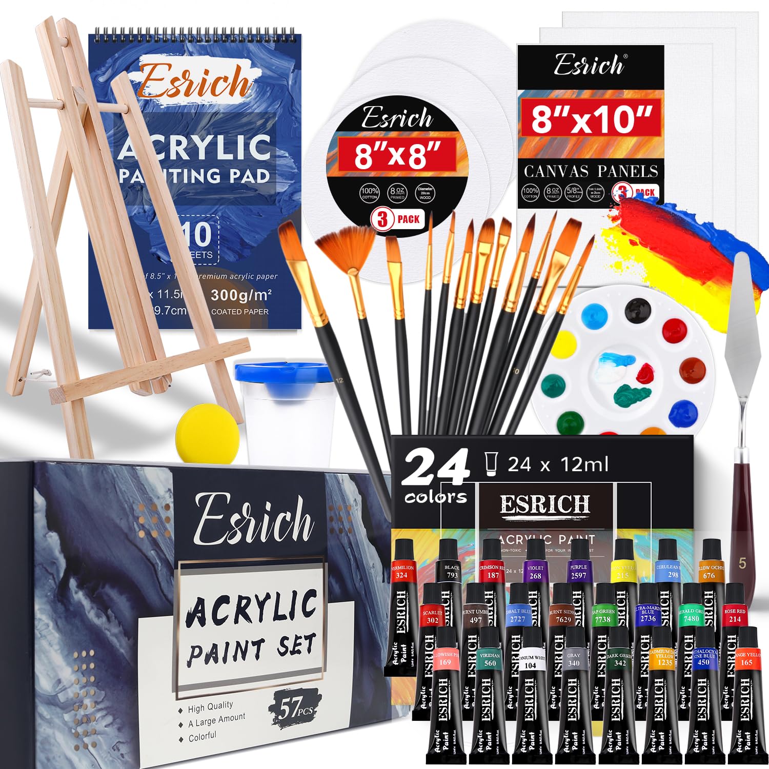 Acrylic Paint Set,57 Pcs Professional Painting Supplies With Paint Brushes, Acrylic Paint, Easel, Canvases, Painting Pads?Palette, Paint Knife, Brush Cup And Art Sponge For Hobbyists And Beginners