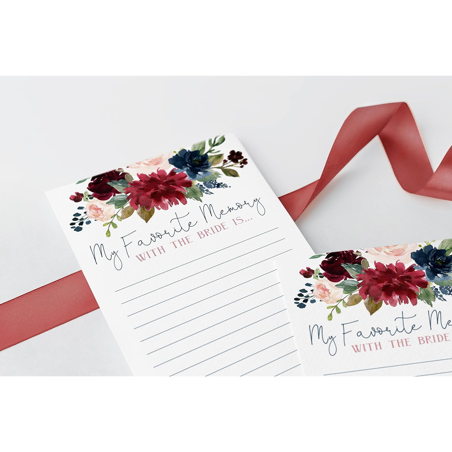 Navy Burgundy Floral Bridal Shower Memories Game - 50 Pack Of Favorite Memories Cards For The Bride - Elegant Keepsake Activity For Guests At Bridal Showers, Engagement Parties