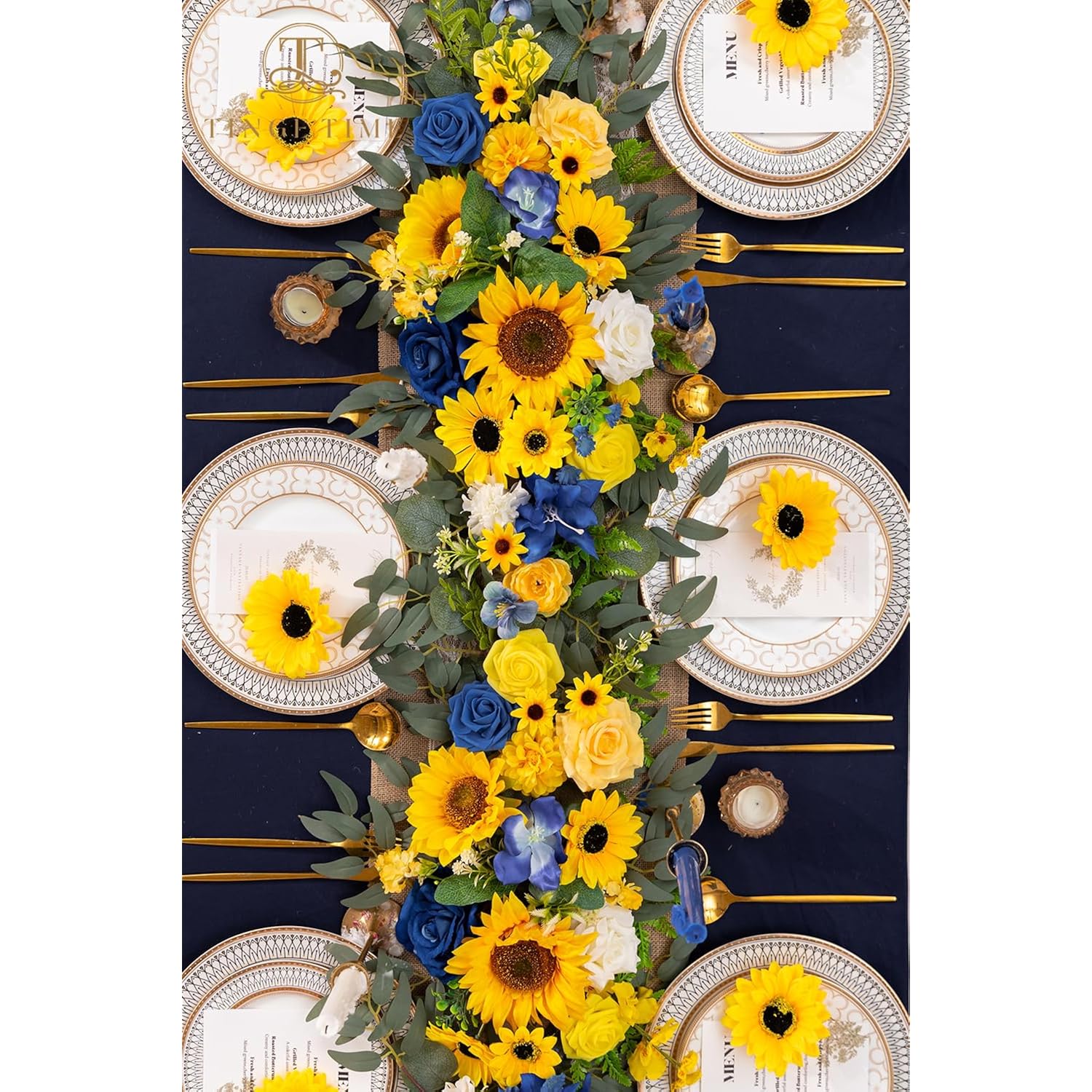 Sunflower Flower Garlands, 2 Pcs Royal Blue Artificial Eucalyptus Garlands, Handcraft Artificial Rose Arch Flowers For Wedding Arch Sweetheart Table Ceremony Backdrop Decorations For Home