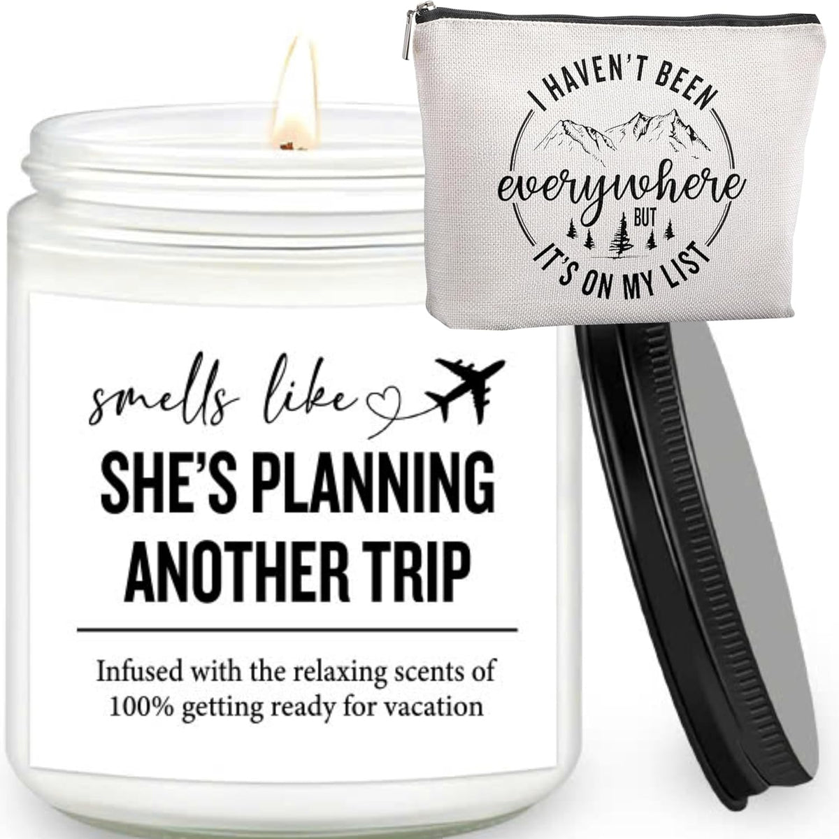 Travel Gifts For Women – 7Oz Scented Candle & Makeup Bag | Unique Gift For Women, Relaxing Aromatherapy, Stylish Cosmetic Bag For Travelers, Travel Christmas Gifts