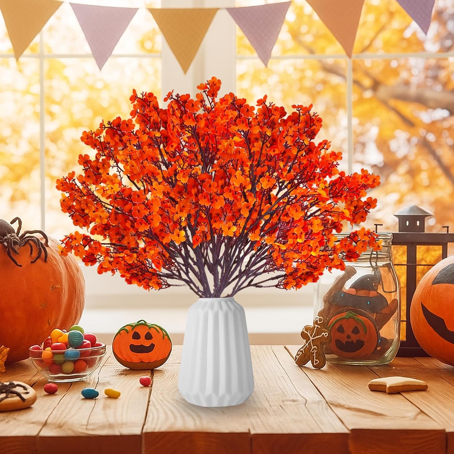 12Pcs Fake Fall Flowers Orange Baby Breath Artificial Flowers Real Touch Silk Floral Arrangement Thanksgiving Autumn Table Centerpieces Home Kitchen Decor