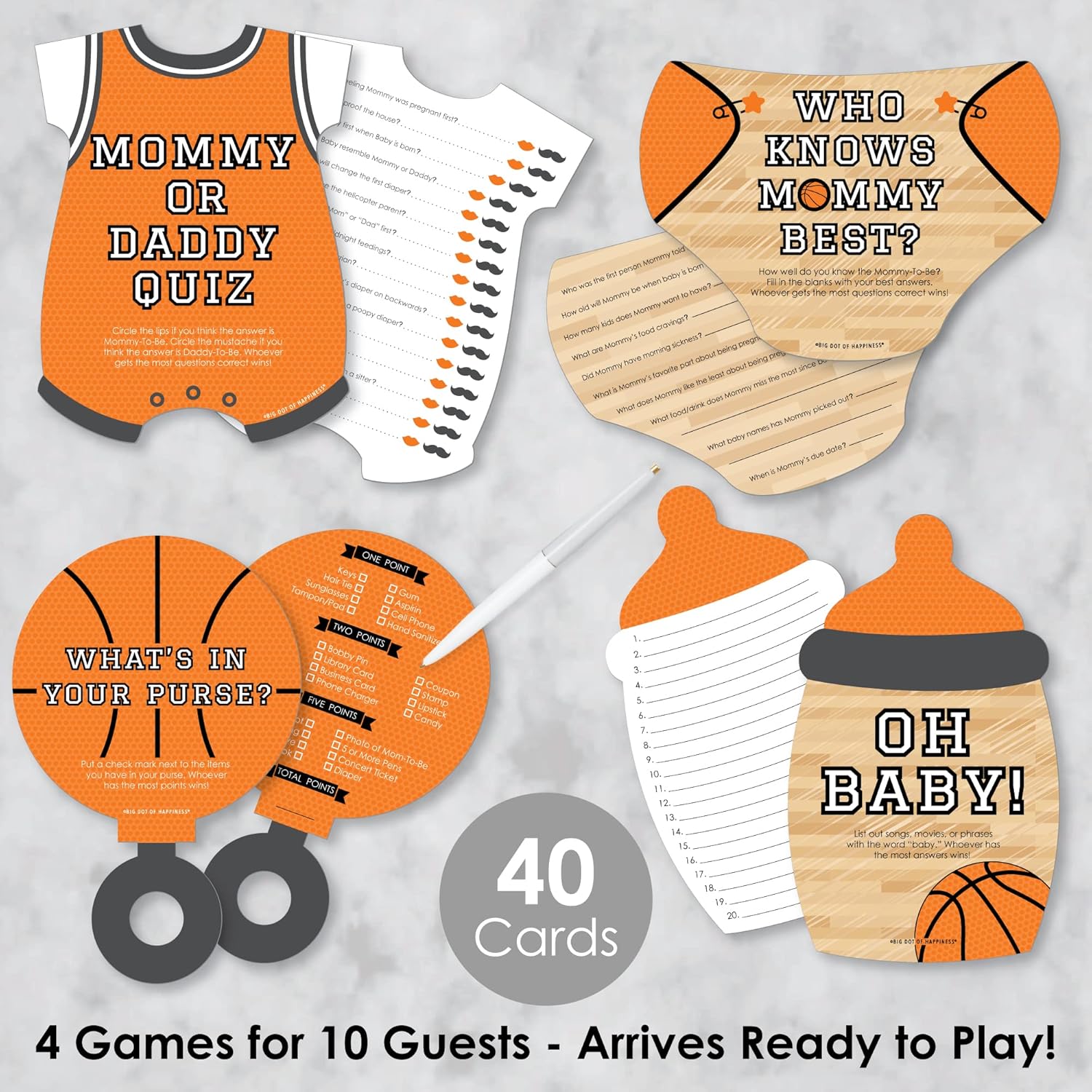 Big Dot of Happiness Nothin’ but Net - Basketball - 4 Baby Shower Games - 10 Cards Each - Gamerific Bundle