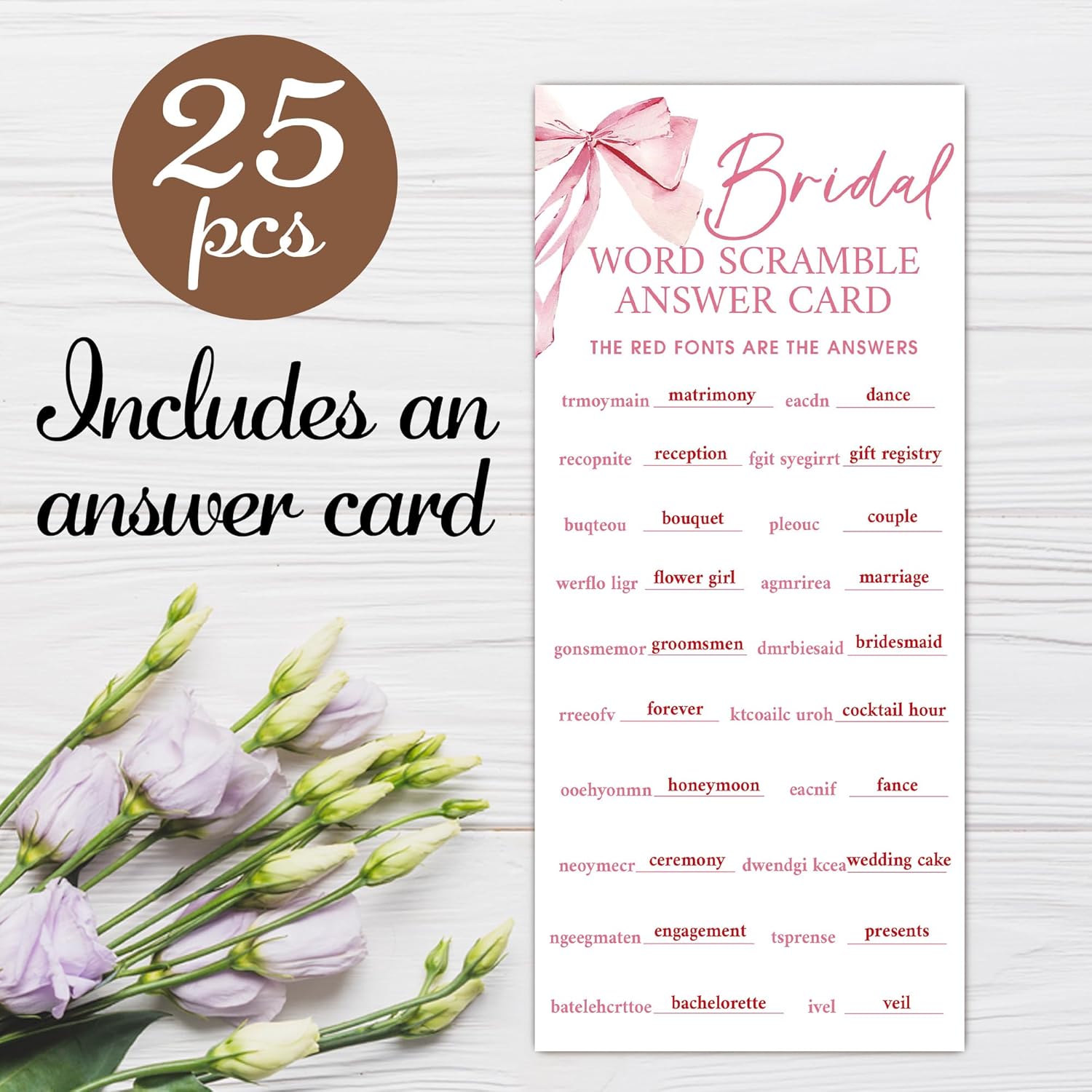 Pink Bow Wedding Shower Games, Word Scramble Wedding Games For 25 Guests, Engagement Bridal Shower Party Cards, Engagement & Bridal Party Supplies-4X9 Inch-A06