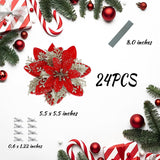 24 Pcs Red Gold Poinsettia Artificial Christmas Flowers 5.5" Glitter Poinsettias Christmas Decorations Tree Flower With Stems & Clips For Wreath Xmas Tree New Year Party Ornament Wedding