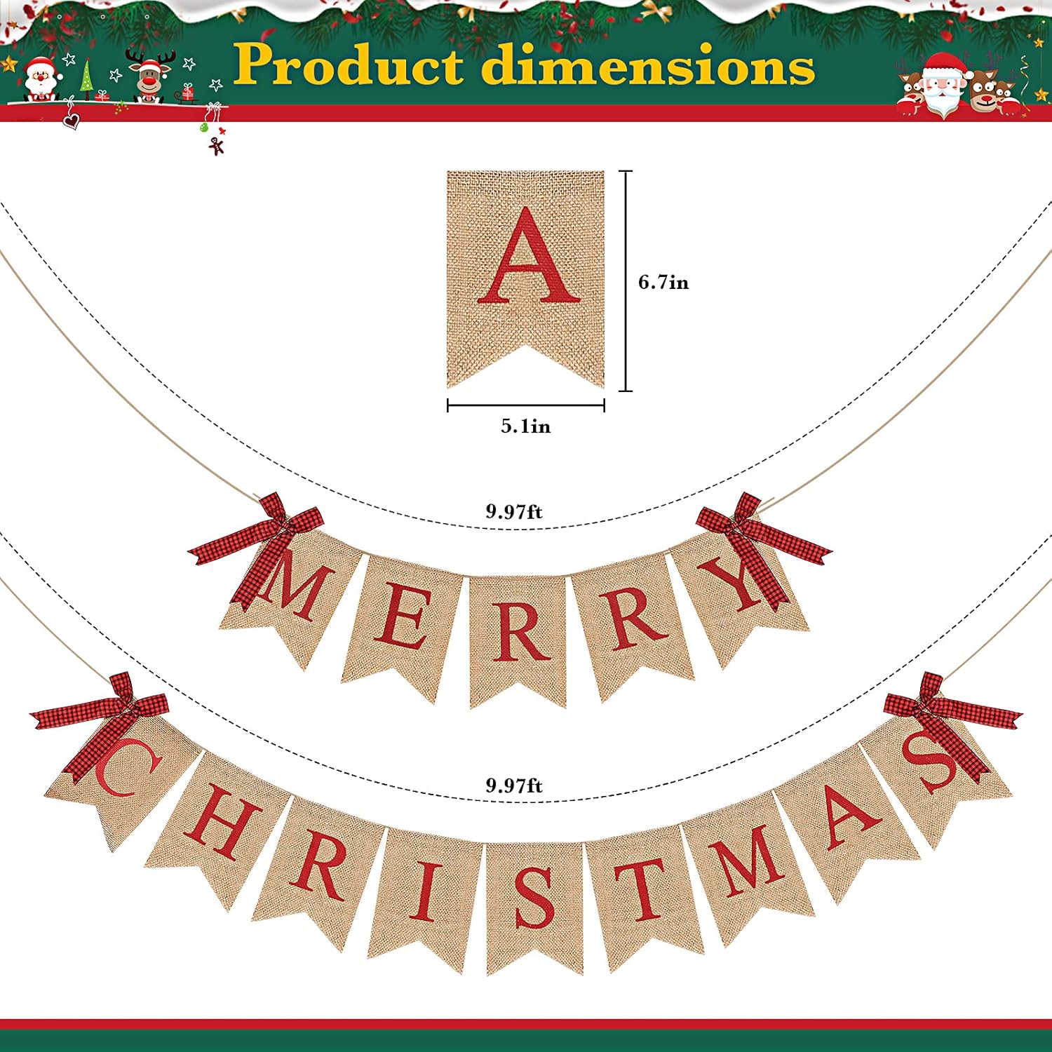 Merry Christmas Banner Xmas Burlap Bunting Garland Christmas Decorations For Fireplace Chimney Wall Tree Party Indoor Outdoor Party Office Classroom(Flaxen)