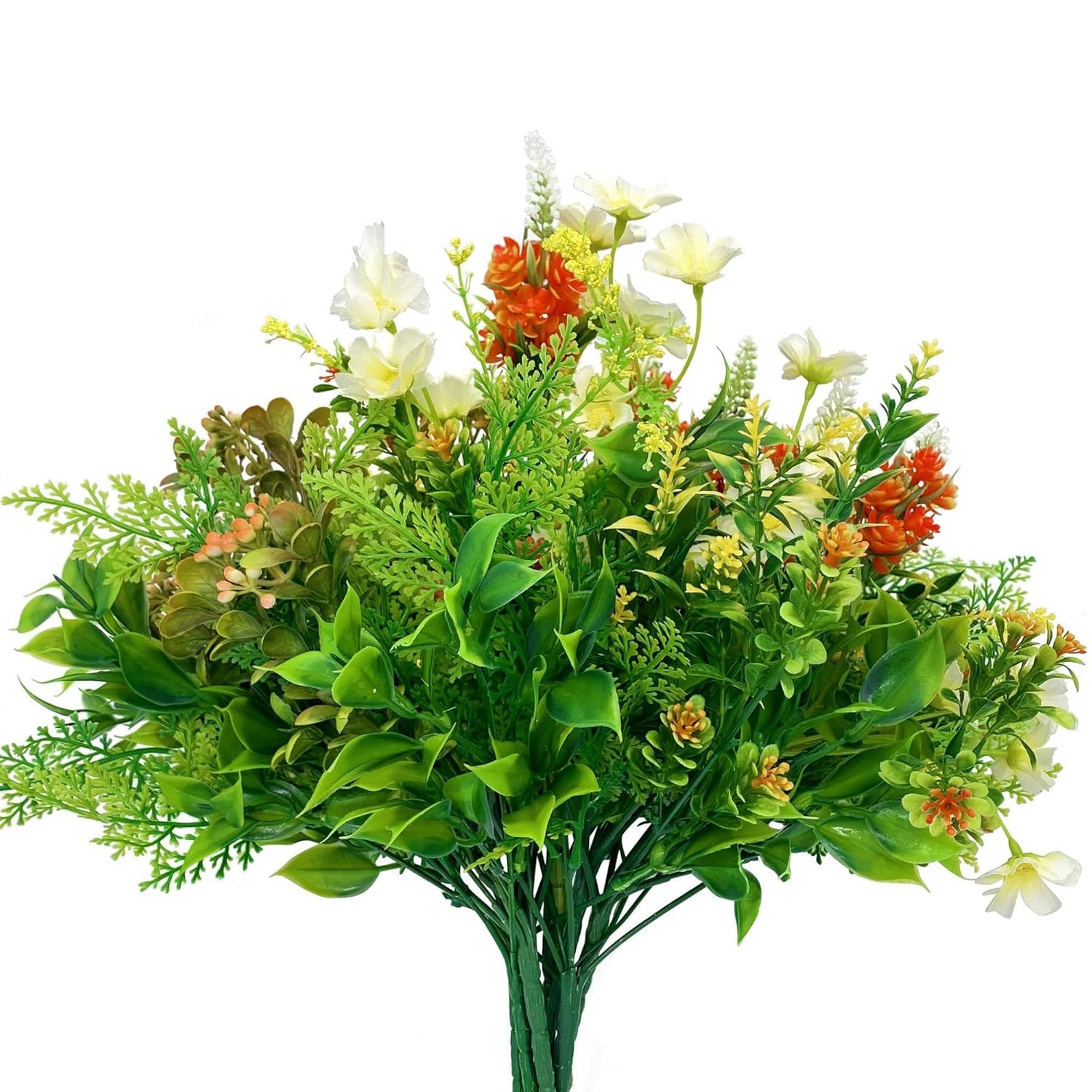 9-Bundle Multi-Species Realistic Faux Plants Artificial Flowers For Outdoors Planters, Fake Mums For Outside, Uv-Resistant For All Weather (Orange & Yellow, 9)