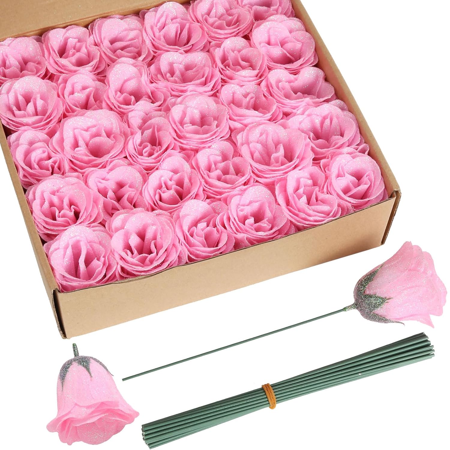 Fake Roses,30Pcs Light Pink Roses Glitter Flowers Artificial Roses With Stems For Crafts Wedding Bouquet Party Home Decor(Light Pink)