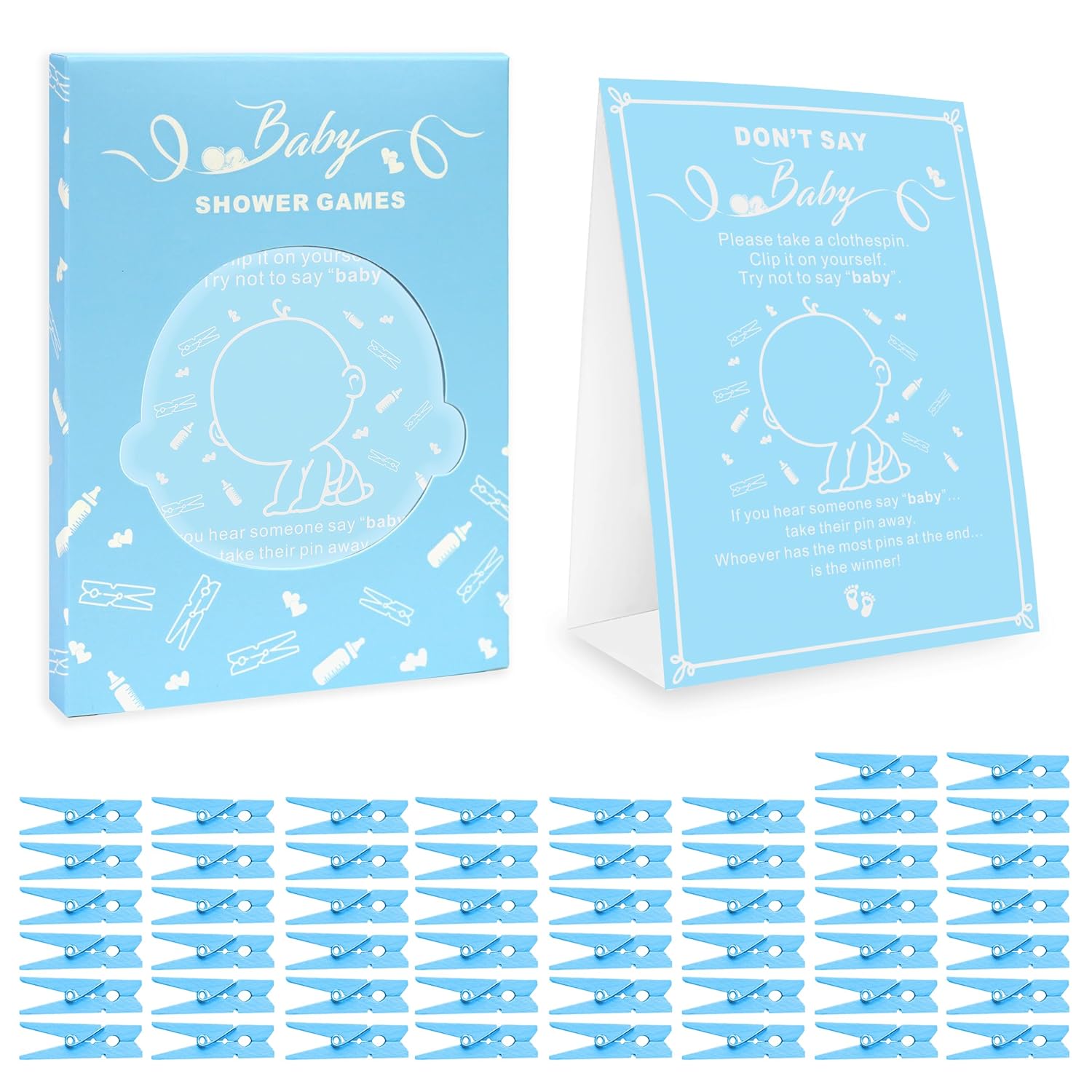 Don'T Say Baby Game, Gender Neutral Baby Shower Games Supplies For Boys Girls, No Prep Needed Party Games For Parents-To-Be, 50 Mini Clothespins & Rule Sign Card, Blue