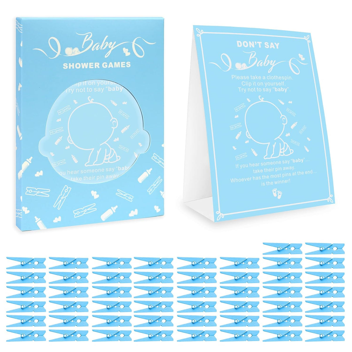 Don'T Say Baby Game, Gender Neutral Baby Shower Games Supplies For Boys Girls, No Prep Needed Party Games For Parents-To-Be, 50 Mini Clothespins & Rule Sign Card, Blue