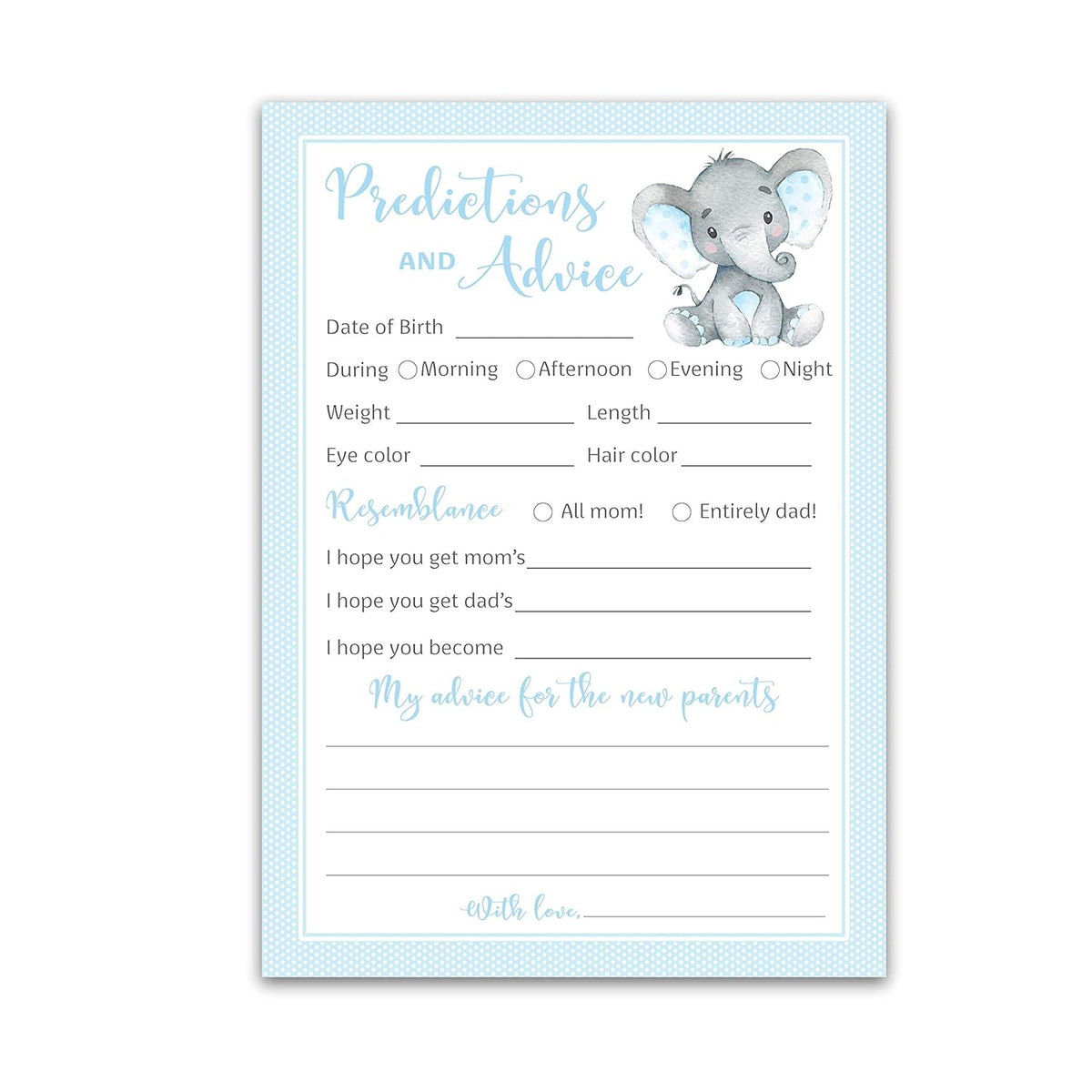 Blue Elephant Prediction And Advice Cards - Pack Of 25 - Boy Baby Shower Games, New Parents, Mom & Dad To Be, Mommy & Daddy Message, Couples Coed Shower Activity Keepsake Book Blue Polka Dot G501-Pdav