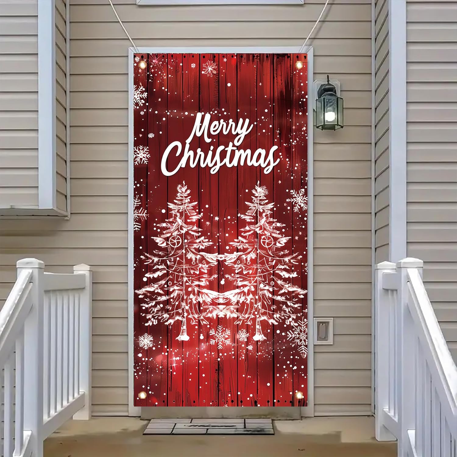 Merry Christmas Door Cover Banner 35X71 Inch Winter Holiday Red Wood Wall Backdrop Snowflake Tree Door Cover Seasonal Front Porch Hanging Welcome Sign For Xmas Decorations